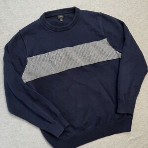 J‎ Crew Sweater Mens XL Navy Blue Geometric Wave Stripes Knit Crewneck Pullover